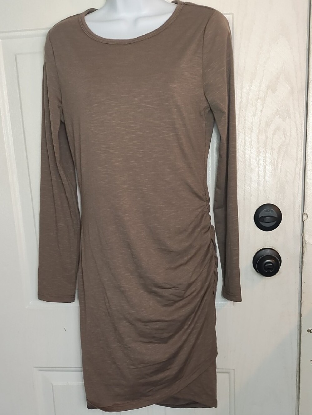 Ruched Long-Sleeve Olive Dress with Overlap Hem - Picture 3 of 13
